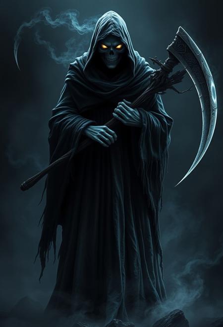The Grimm Reaper stands as a haunting figure cloaked in shadows and whispers of ancient tales. Draped in a tattered, ethereal robe that seems woven from the night itself, his form flickers between solid and spectral, as if caught between the mortal realm and the afterlife. His hood, deep and shadowed, reveals nothing but a pair of cold, otherworldly eyes—pale, glowing orbs that pierce the soul with the weight of eternity. Wisps of smoke and phantom mist coil around him, giving the impression of a being formed from darkness and lost memories.
In his bony, skeletal hands, he grips a massive scythe, its blade impossibly sharp and shimmering with a ghostly light, as if it drinks in the moonlight. The handle, adorned with runes of forgotten languages, thrums with a quiet power, pulsating in time with the steady, measured steps of the Reaper. Every movement is soundless, each glide forward a ripple in the fabric of time, as he moves with the inevitability of death itself.
Around him, the air feels colder, heavier, like the breath of winter or the final sigh of a dying star. His presence is not just seen but felt, a chilling whisper in the mind that speaks of finality, destiny, and the great unknown that lies beyond. The Grimm Reaper is not merely a harbinger of death, but a collector of stories, a silent witness to the endless cycle of beginnings and endings, an eternal shadow that looms at the edge of every life.
