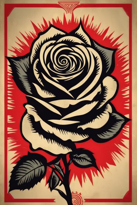 <lora:Shepard Fairey Style:1>Shepard Fairey Style - create a rose in the style of shepard fairey that invokes revolution and heartbreak for immigrants