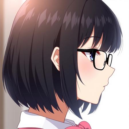 Black hair,  short woman, fringe hairstyle, bob hairstyle, anime, black glasses, pink bow