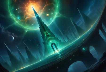 (((From above))),(breathtaking, masterpiece, absurdres, best quality, high quality, highres, ultra-detailed). In the infinite cosmos, an iridescent nebula cast radiant hues upon a lone planet—a sapphire and emerald jewel glistening in the celestial expanse. On its surface, two cities stretched in stark opposition yet bound by a shared destiny.
The City of Light gleamed with crystalline towers that pierced the skies, their surfaces alive with radiant energy. Bridges of light arched gracefully between structures, while airborne vessels glided effortlessly, leaving trails of vibrant color. The streets glowed with golden hues, radiating an aura of hope, progress, and celestial harmony. This city stood as a beacon of innovation and brilliance, its beauty unmatched in the cosmos.
In contrast, the City of Darkness sprawled as a shadowed labyrinth of jagged obsidian towers. Dim, spectral light seeped from its depths, casting eerie shadows over twisting streets. Dark vessels drifted silently through the gloom, their faint, cold glows reflecting the city’s enigmatic and forbidding power. The very air pulsed with mystery, embodying strength forged in secrecy.
At the center of these realms stood the Temple of the Eternal Flame, where light and shadow converged. Its architecture fused the luminous elegance of the light city with the dark grandeur of its counterpart. At its summit burned the eternal flame, a symbol of unity, harmony, and balance between the two realms.