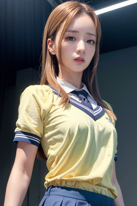 apinkbomi, school, (day:1.1), RAW,(8k, best quality, masterpiece:1.2),(intricate details:1.4),(photorealistic:1.4),octane render, complex 3d render ultra detailed, studio soft light, rim light, vibrant details, ultra detailed, realistic skin texture, detailed face, beautiful detailed eyes, extremely detailed CG unity 8k wallpaper, makeup, (detailed background:1.2), (cowboy shot:1.2),(perfect anatomy:1.2),(wide hip:1.1),(school uniform:1.2), <lora:apinkbomi-v1:1>