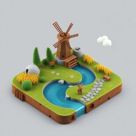 3D realistic, isometric mini world,  video game map, river, watermill, wooden watch tower, wheat field, stone pathway, clouds