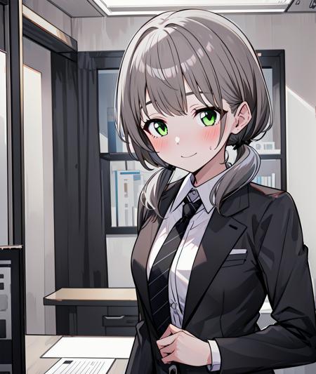 <lora:agingdiffusion_based_isedol-000008:0.8>, (1girl, solo, masterpiece, best quality, extremely detail, absurdres), indoors, light smile, blush, shirt, collared shirt, suit, formal_trousers, office, (chan, grey hair, light brown hair, green eyes, low twintails)