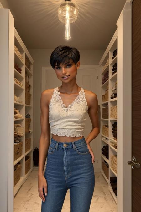 19 years old eveGilles woman, short black messed pixie haircut, wearing  straight-leg cropped jeans, Batik    chiffon lace top,   bandana , arms folded, conveying defensiveness, in time-weaving chronomancer's den, elf elixir,Shampoo and Conditioner,Closet Organizers,Rugs,Wall Art/Paintings, Soapstone stone,terrazzo flooring, Bio-luminescent Mushrooms, accent lighting, Robotpunk, <lora:eveGilles_r3_sd15-000009:0.6>