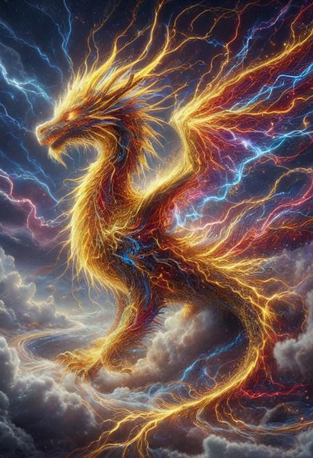 Celestial marble dragon in lthndrtrl_style flying through liquid sky, clouds melting into ribbons of color, fluid scales shimmering with white and red hues, glowing eyes, dynamic wings of flowing liquid, painterly lighting, vast fantasy environment, surreal atmosphere, highly detailed, magical realism, made of golden and blue and red and yellow and purple lightning thunder trails , lthndrtrl