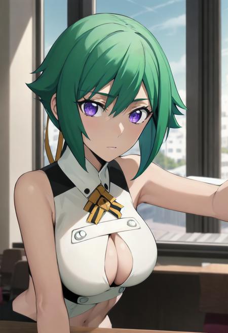 best quality, masterpiece, absurdres, portrait, close-up, zessica wong, green hair, short hair, hair ribbon, purple eyes, large breasts, revealing clothes, clothing cutout, cleavage cutout, sleevless, ascot, looking at viewer
indoors, school, classroom,
<lora:Kizuki - Aquarion Evol - Zessica Wong:0.9>