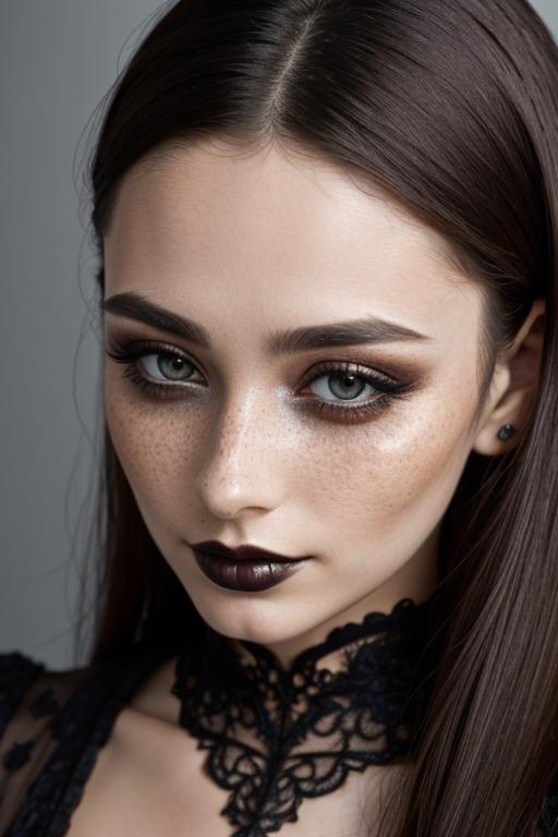A young woman with brown hair and blue eyes wearing dark lipstick and a black lace collar.