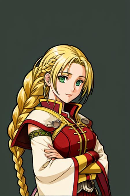 Fire Emblem Path of Radiance, 1girl, (simple background, green background:1.3), BREAK (Blonde hair, braided hair, green eyes:1.3), embodies sun-kissed tresses, gently curled and exuding a golden radiance BREAK Character-focused lighting, adaptive light falloff, realistic skin shading, high-quality specular highlights, expressive eye shading, cinematic color grading, silhouette enhancement, adaptive shadowing BREAK Running with arms behind, <lora:FE9 v5 Thick:0.8>