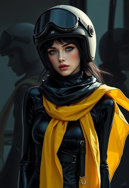 concept art Girl in black thin, oily latex, black motorcycle helmet, black glass on helmet, , yellow silk long scarf, sexy, dynamics. Black mirrors in the background, reflections.
<lora:aidmaMJ6.1v0.4:1> aidmaMJ6.1 <lora:last:1> . digital artwork, illustrative, painterly, matte painting, highly detailed