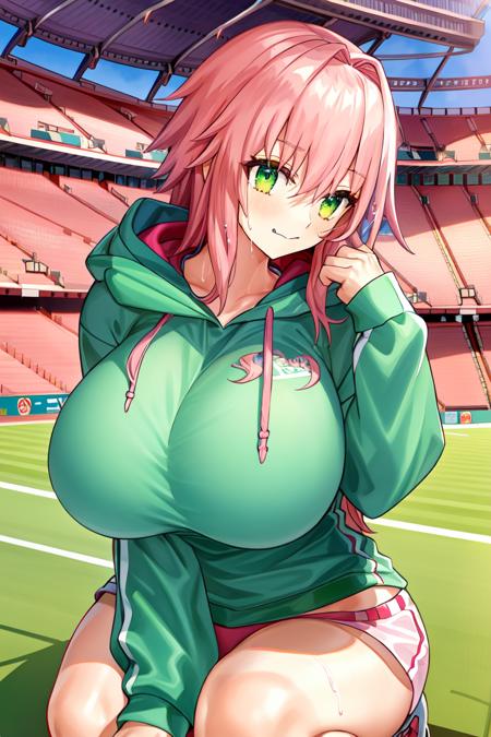 Stadium, sports stadium, sweatshirt with a hood, short sports shorts, pink hair, long hair, wet face, tired face, green hair, leaning forward, hands on knees, (huge breast)