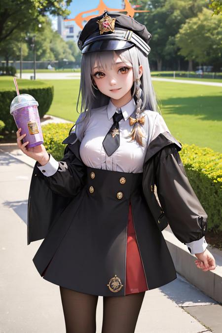 (masterpiece, best quality:1.2), solo, 1girl, harunadef, smile, looking at viewer, grimaceshake, braid, hat, halo, white shirt, necktie, long sleeves, black skirt, pantyhose, wings <lora:bluearchive_haruna:0.8> <lyco:concept_grimaceshake-11:0.9>