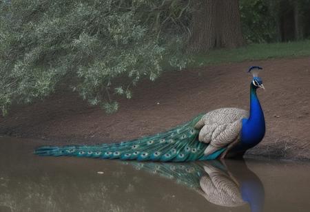 "A peacock standing proudly under a tree, 
unaware of the storm approaching, 
still admiring his reflection in the water."