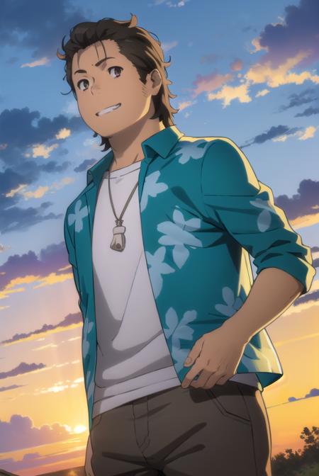 tetsudouhisakawa, <lora:tetsudou hisakawa s1-lora-nochekaiser:1>,
tetsudou hisakawa, black hair, (brown eyes:1.5), male focus, smile, grin,
BREAK shirt, open clothes, pants, necklace, sandals, hawaiian shirt,
BREAK outdoors, house, fields, grass, sky, sun, clouds,
BREAK looking at viewer, (cowboy shot:1.5),
BREAK <lyco:GoodHands-beta2:1>, (masterpiece:1.2), best quality, high resolution, unity 8k wallpaper, (illustration:0.8), (beautiful detailed eyes:1.6), extremely detailed face, perfect lighting, extremely detailed CG, (perfect hands, perfect anatomy),