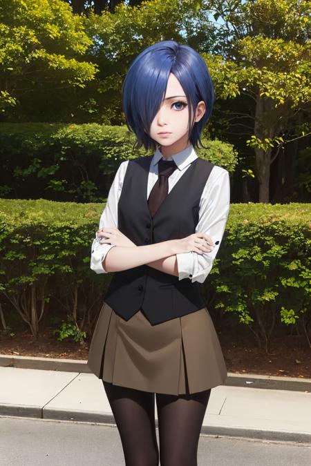 kirishima touka, blue hair, hair over one eye, blue eyes red eyes, colored sclera, black sclera, wings, red wings white shirt, necktie, sleeves rolled up, black vest, brown skirt, pantyhose blue jacket, long sleeves, shorts green hoodie, shorts, red thighhighs