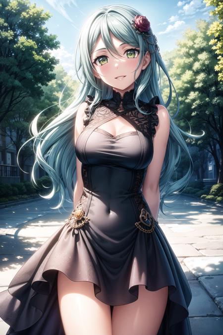 (masterpiece, best quality, ultra-detailed), (illustration), (beautiful detailed eyes), <lora:add_detail:0.7>,
(1girl), (solo), hikawa sayo, long hair, (aqua hair:1.2), (green eyes:1.1), hair ornament, <lora:SayoV1:0.5>
(dress, frills:1.3)
(outdoors, greenary:1.2)
looking the viewer, smile, parted lips, (standing:1.5),  (arms behind back:1.3), (cowboy shot),