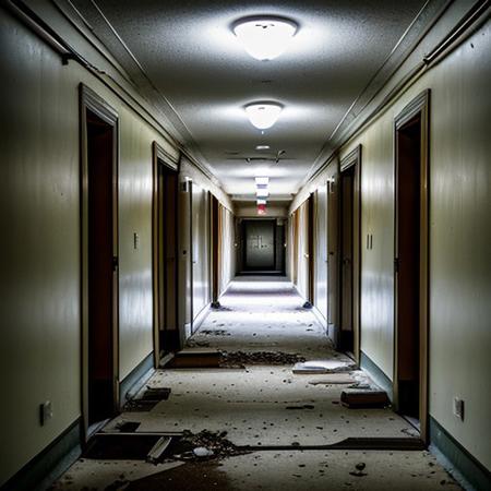RAW photo, creature far down hallway, 8k uhd, dslr, soft lighting, high quality, film grain, Fujifilm XT3, Masterpiece, photorealistic, abandoned hospital, looking down hall way,