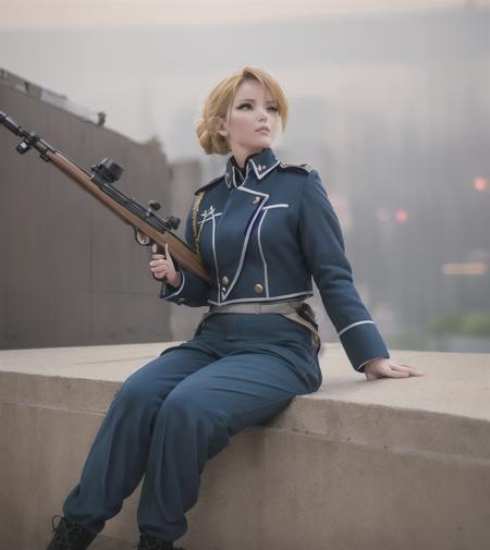 unparalleled masterpiece, 8k uhd, perfect artwork, mature female, intricate detail, cityscape, looking away from viewer, riza, brown eyes, hair up, uniform, photo, realistic, dramatic lighting, rifle, sitting, <lora:Riza-v1:0.75>