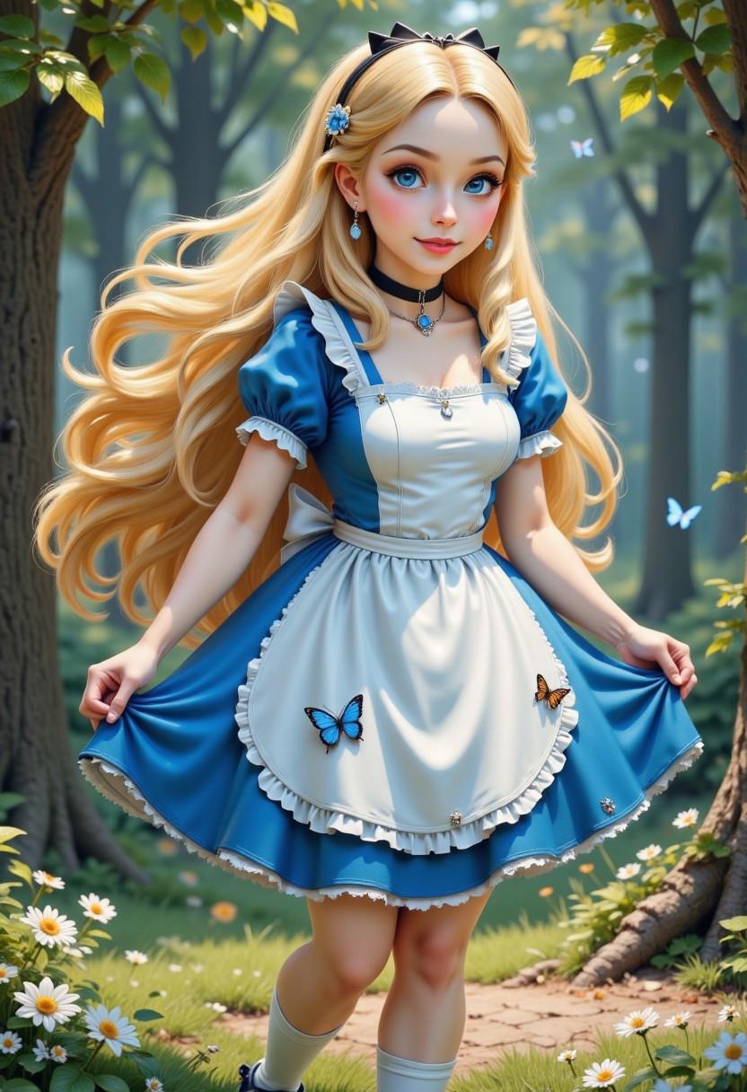 the professional photo of @l1c3  from Alice in wonderland, solo, long hair, breasts, blonde hair, hair ornament, dress, cleavage, jewelry, medium breasts, standing, full body, closed eyes, flower, short sleeves, earrings, outdoors, frills, parted lips, choker, socks, puffy sleeves, necklace, apron, high heels, tree, puffy short sleeves, lips, blue dress, bug, tiara, white flower, white socks, butterfly, nature, corset, forest, blue footwear, skirt hold, curtsey, frilled socks.