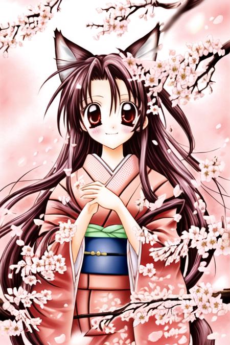 1 girl, fox ears, kimono, cherry blossoms, petals, tanemura arina  <lora:retrocute:0.8>