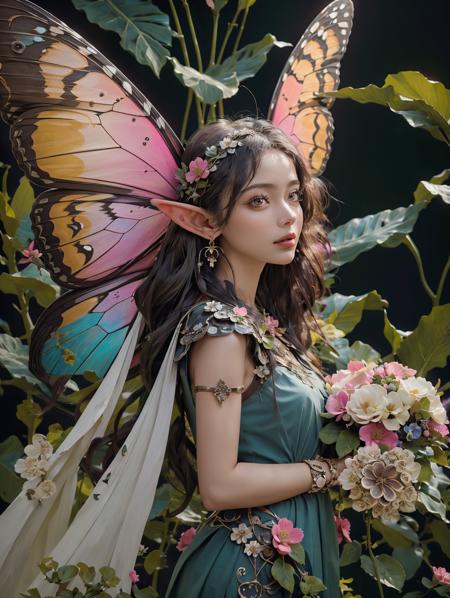 bj_Elf,1girl,solo,long_hair,hair_ornament,flower,earrings,wings,cape,bracelet,leaf,plant,butterfly,pink_flower,butterfly_wings((masterpiece)),Natural Scene,Surrounded by many flowers.,((best quality)),(realistic:1.2),(high detial, intricate details, hyper detailed:1.2),(8k uhd),<lora:bj_Elf:0.7>,<lora:BeautyNwsjMajic2-01:0.5>,