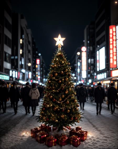 cinematic film still  tokyo, street, night, hd, dark., <lora:quiron_Chritsmas_v1_lora:0.67> ChristmasQuiron style, Christmas, Christmas tree, Christmas decorations,  best quality, ultra detailed, 8k, mysterious.  . shallow depth of field, vignette, highly detailed, high budget Hollywood movie, bokeh, cinemascope, moody, epic, gorgeous, film grain, grainy