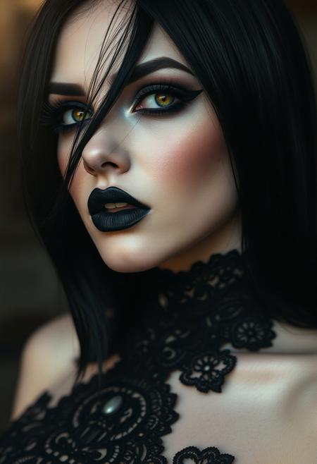 closeup portrait of goth vampire-esque woman mid 30s, thin fit, big boobs, jet black sleek hair, dramatic smokey eye makeup, high-neck black lace top, black lipstick, subtle tear-shaped face jewel, soft moonlight on pale skin, photorealistic  
closeup, photorealism, black hair, big boobs, thin fit, smokey eye, lace top, black lipstick, moonlight, one eye looks like an owls, golden  iris 
fullbigttgothgflady-mk.1