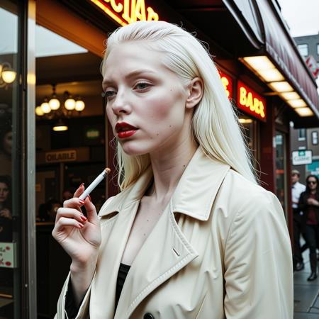 close up analogue photo of a beautiful 25 years (((albino woman:1.5))) with white hair (((pale skin:1.5))), white hair, <lora:Lumiya_SDXL:0.6>, Wearing a cream satin slip under a caramel wool trench, a woman smokes a clove cigarette outside a jazz bar entrance, moody saxophone music bleeding from inside, rain streaking down the glass awning above her.