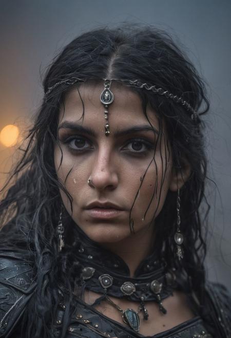Close Up shot of  Esmeralda from Notre Dame  fairytale as a warrior, she IS a very beautiful romanian gypsy girl,  black hair, beautiful, leather armour, dirt  clothes, wind, at night, fog, mist, she IS in the Notre Dame Cathedral, National Geographic photography awarded masterpiece