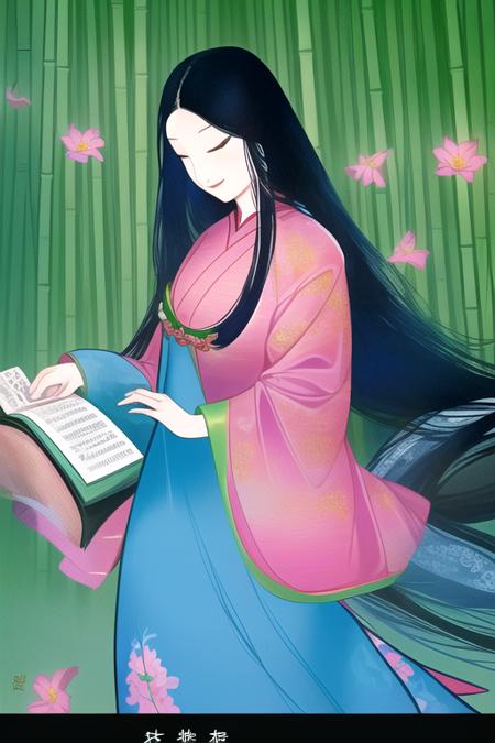 Asian woman wearing a blue and pink dress reading a book in a bamboo forest, long black hair, curved lines, <lyco:Masayuki-14:0.8>, 1girl, in focus, 21mm focal length,  slight smile, flowers all around,