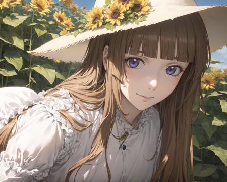 fuwa aika,<(masterpiece, realistic:1.3), (extremely intricate:1.2)>, 1girl,solo, (White lace dress:1.2), (sun visor hat:1.2), Sunflower field, under the sunlight, light smile,looking at viewer, wind, dynamic, strong light and shadow, wavy hair,