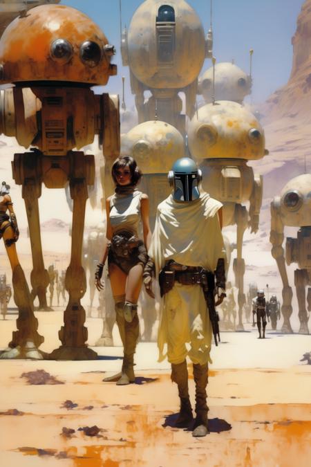 <lora:Craig Mullins Style:1>Craig Mullins Style - Portrait of a Sci-fi Soldier walking towards us with a background of droids and large alien creatures in a bustling desert town, in the mixed styles of William Russell Flint and Briton Riviere and Michael Parkes and Sergio Toppi and Syd Mead, intense interplay of light and shadows, dynamic juxtaposition, scratched and scraped abstract art, textured oil and ink mixed with palette knife impasto paint, watercolor wash, fantasy realism, luminosity of realistic water, luminous shadows