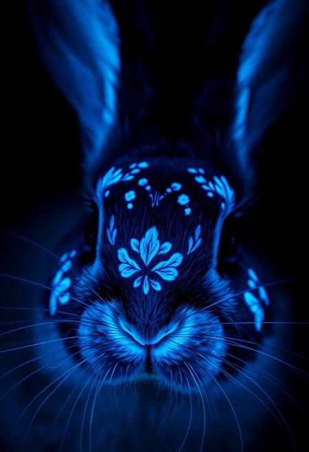 In a captivating, hyper-realistic image, a bunny's face is rendered in exquisite detail, with glow-in-the-dark face paint applied in a delicate, floral pattern. The paint glows with an intense, soft blue light, illuminating the surrounding fur and casting a gentle, ethereal glow on the bunny's twitching nose and whiskers. The bunny's eyes shine with a sweet, innocent expression, as if it's unaware of the magical aura surrounding its face. The glow-in-the-dark paint is rendered in precise, photorealistic detail, with subtle texture and shading that creates a sense of depth and dimensionality. The surrounding darkness is pitch black, making the glowing paint seem even more vibrant and enchanting, as if the bunny's face is radiating a gentle, lunar light. Highest-Quality, 4k, intricate details, visually stunning, Masterpiece