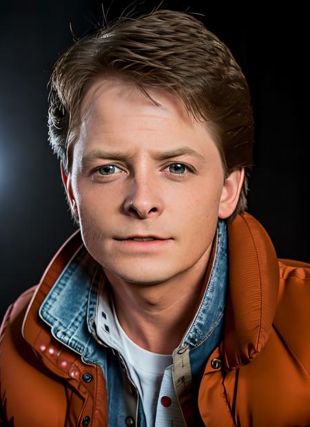 portrait of sksman, wearing red jacket, epic (photo, studio lighting, hard light, sony a7, 50 mm, matte skin, pores, colors, hyperdetailed, hyperrealistic), <lyco:Michael J FoxV2:1.2>