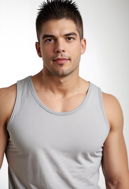 aidenperson, stubble, <lora:aiden_hunk_sdxl_v1-000008:1> close-up portrait, direct gaze, relaxed confident expression, wearing grey tank top, white background