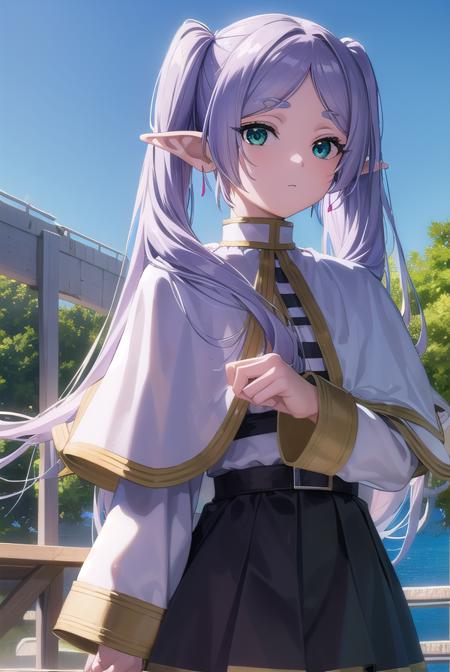 frieren, long hair, twintails, (green eyes:1.5), grey hair, pointy ears, elf, shirt, long sleeves, jewelry, pantyhose, earrings, striped, black pantyhose, capelet, striped shirt,