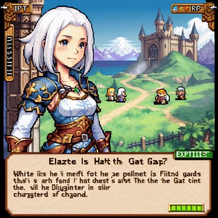 For a gaming-style image, create a classic RPG game scene featuring a detailed dialogue box with character portraits. The setting is vivid and immersive, typical of a fantasy RPG, with a lush, mystical landscape in the background. The character portrait is prominent, placed right next to the dialogue box for easy character identification. The portrait shows a character with expressive features, wearing attire fitting the game's fantasy theme. The dialogue box is styled in an ornate, medieval font, enhancing the RPG feel, and it contains engaging, story-driven text that hints at an epic quest or important decision.,  <lora:gbaplay_rpg:0.7>, <lora:xl_paimeng girl2:0.8> paimeng girl, Special clothing, white hair