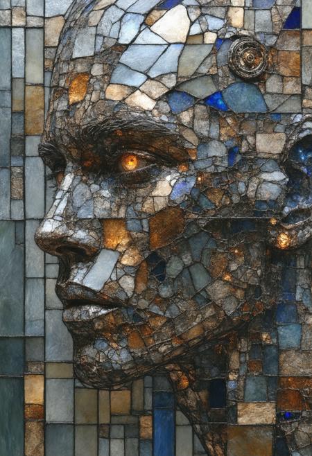 Construct a photorealistic rendering of a colossal, decaying automaton, fractured into stained-glass facets. Multiple perspectives collapse into a single, complex composition, with gears, pipes, and limbs rendered as geometric shards radiating a faint, ethereal glow. The color palette employs deep copper, tarnished silver, and sapphire blue, emphasizing intersecting lines and fragmented forms. Integrate subtle photorealistic details within each glass facetâthe texture of aged metal, the glint of internal mechanismsâto create a compelling blend of abstract geometry and tangible history, evoking a sense of lost purpose and mechanical melancholy.