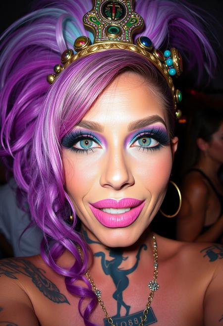 fisheye lenses lgbtq+ transgender dragqueen at a nasty party, white trash,complex thai text tattooes on skin