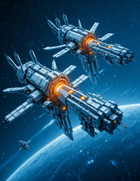 <lora:Space_Stations_ST04xl:1> orbital space station, futuristic starships, spacecraft fleet, detailed sci-fi design, massive engines, industrial space machinery, glowing ship lights, Earth from orbit, starry background, deep space scene, cyberpunk spacecraft, mechanical complexity, orange-lit lights, tiny orange windows, tactical space cruisers, high-tech space vehicles, metallic hulls, zero gravity motion, cinematic sci-fi style, advanced propulsion systems, spaceship docking, sleek angular structures, technological dominance, battle-ready spacecraft, sci-fi battle carriers, galactic space travel, science fiction atmosphere, realistic space render, military spaceship convoy, interstellar transport units, cold blue lighting,