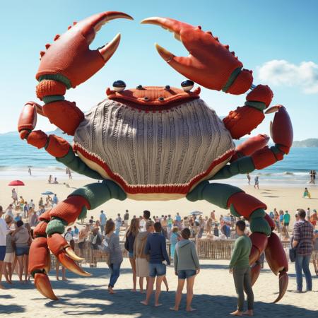 (A giant crab wearing a sweater), (crowds:1.05), seaside, ChristmasSweater, beach, sunny day, photo realistic, 