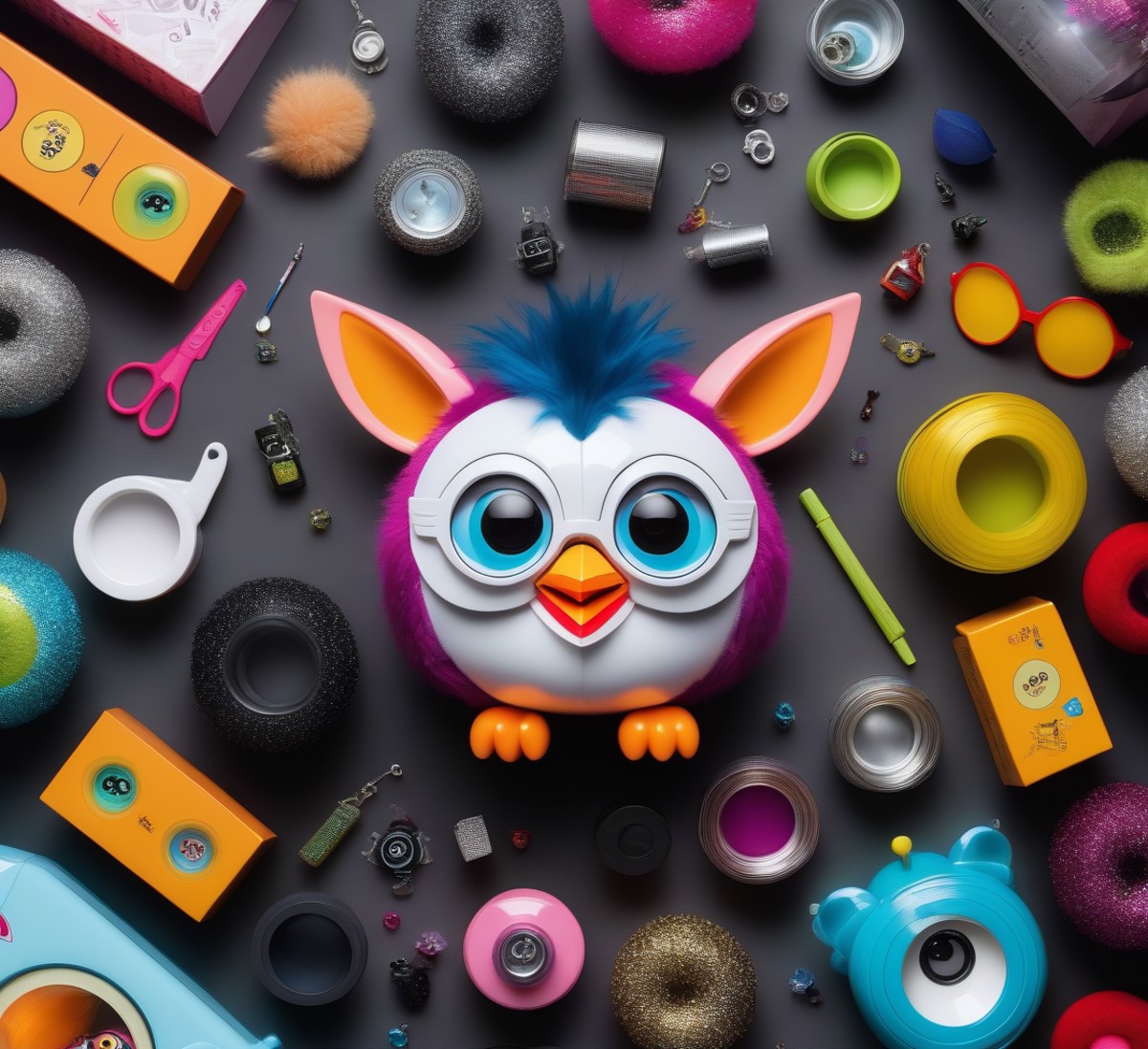 knolling Furby, lots of details and additions, assembled character in the center of the image