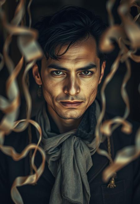 A mischievous tailor surrounded by floating threads of silk, their face serious yet twinkling with quiet amusement.
timeless portrait photography, deep psychological presence, soft ethereal lighting, subtle painterly textures, monochrome and muted color tones, natural yet dreamlike atmosphere, blurred edges, strong composition, historical documentary style with contemporary romanticism, luminous skin tones, rich fabric details, intimate gaze, fusion of realism and mysticism, classical yet avant-garde aesthetic