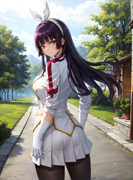 masterpiece, best quality, highres,
MikazuchiDef, 1girl, solo, long hair, breasts, bangs, ribbon, purple eyes, black hair, hair ribbon, purple hair, hair bow, hairband, white hairband,
skirt, large breasts, gloves, jacket, jacket, pantyhose, pleated skirt, white gloves, miniskirt, blunt bangs, uniform, black pantyhose, military, military uniform, buttons, frown, white jacket, white skirt, serious, hime cut, double-breasted,
<lora:LoRA_Mikazuchi:1>, forest, sunlight, cloudy, upper body, head tilt, looking at viewer, from behind, ass,