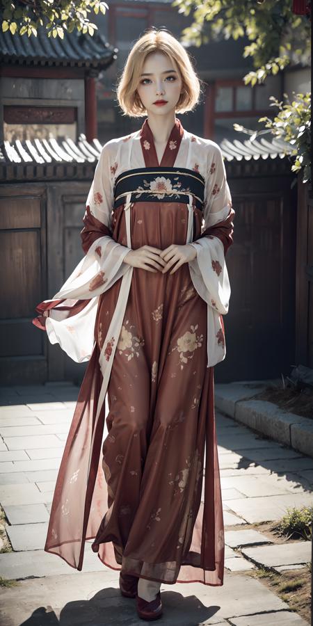 <lora:tang_hanfu:0.55>,(hanfu),(chinese clothes),((floral print)),((red magnificent print long sleeves)),((red print see-through dress)),1 girl,full body,(short hair),(realistic:1.7),((best quality)),absurdres,(ultra high res),(photorealistic:1.6),photorealistic,octane render,(hyperrealistic:1.2), (photorealistic face:1.2), (8k), (4k), (Masterpiece),(realistic skin texture), (illustration, cinematic lighting,wallpaper),( beautiful eyes:1.2),((((perfect face)))),(cute),(standing),((blonde hair)),(blue eyes),red lips, outdoors,(chinese style countryard), <lora:Euro-AmericanDollLikeness_V20:0.55>