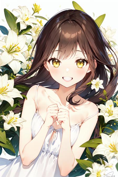 -first love, 1girl, solo, long hair, smile, brown hair, dress, looking at viewer, blush, white dress, flower, bangs, sleeveless dress, yellow eyes, sleeveless, white background, bare shoulders, sundress, grin, upper body, lily \(flower\), signature, floral background, strap slip, bare arms, teeth, white flower