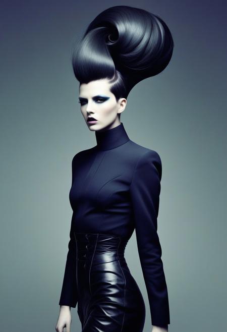 The image is a high-fashion photograph featuring a striking, avant-garde hairstyle and outfit.