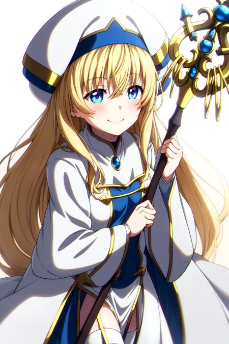 portrait, (solo),  <lora:preiestess_goblin_slayer-000012:.7>, priestess \(goblin slayer!\), 1girl, blonde hair, blue eyes, long hair, white hat, white robe, white boots, black skirt under robe, smirk, masterpiece, best quality, holding staff on left hand, gold staff, (chromatic aberration),