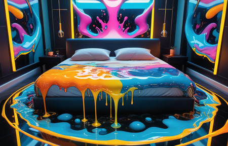 a bed in the middle of a modern apartment, 
<lora:GeekyXL_Liquid_Marble:0.8>
bed flowing and morphing like oil,
bed dipping with multi colored glass, thick dripping goo, 
kaleidoscope of bright hues, primarily blue, yellow, orange, and pink,  fluid motion,
 in the background a futuristic neon apartment