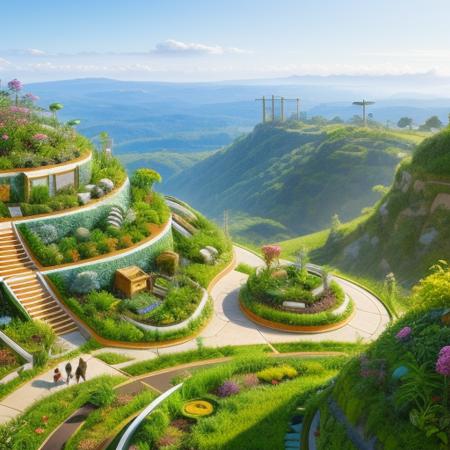 a  futuristic permaculture garden rewilded  open cut mine, style_solarpunk,  High Detail, Sharp focus, trending on artstation, Digital art,