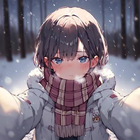 <lora:xl_pov_cheek_warming_(meme)_base:1>,score_9,score_8_up,scarf,looking at viewer,blush,blurry,pov,padded jacket,snow,